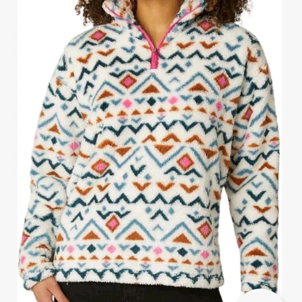 Eddie Bauer Aztec Plush Fleece Sweater Sz XL White AOP Geometric Southwestern